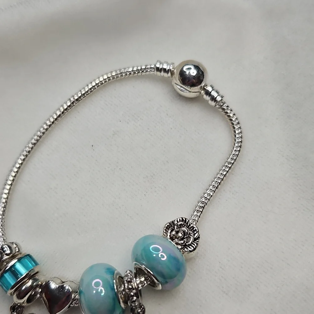 Ladies Charm Bracelet Blue Beaded Heart Angel Shoe Charm Bracelet Silver Tone